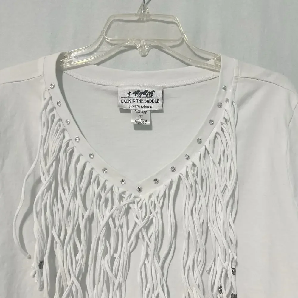Back In The Saddle Blouse Womens 1X Fringe Studs White Tunic Top Western Boho